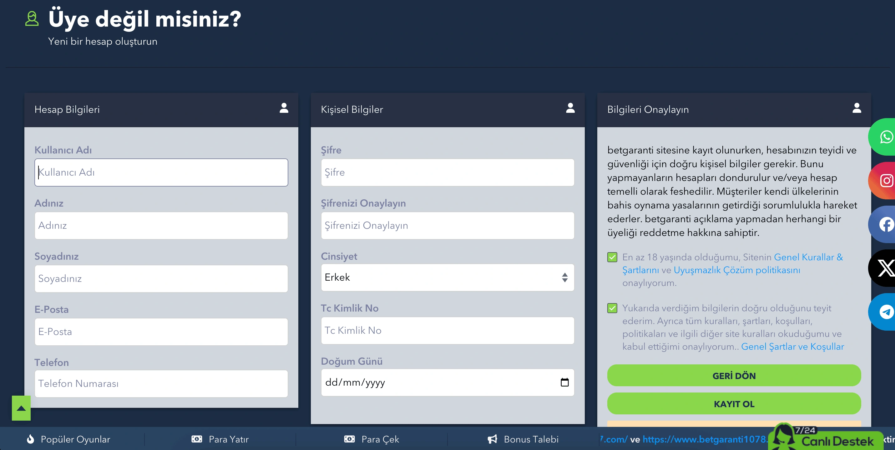 BetGaranti üyelik süreci